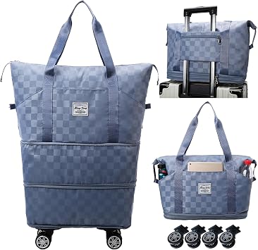 Travel Bag with Wheels,Expandable 55L Duffel Bags for Women,Foldable Rolling Duffle Bag with Wheels,Carry on Luggage,Gift for Men Women SuitcasesBlue