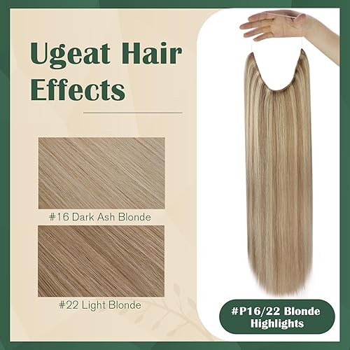 Miniatura 6 de Ugeat Extensiones de cabello humano real con alambre de color rubio con reflejos, línea de pescado invisible, extensiones de cabello Remy, rubio