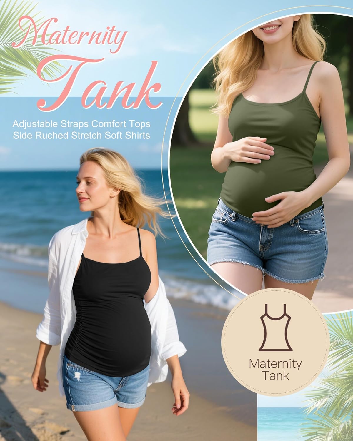 Ficerd 3 Pack Women's Maternity Tank Top Camisole with Adjustable Straps Comfort Tops Side Ruched Stretch Soft Shirts - Image 3