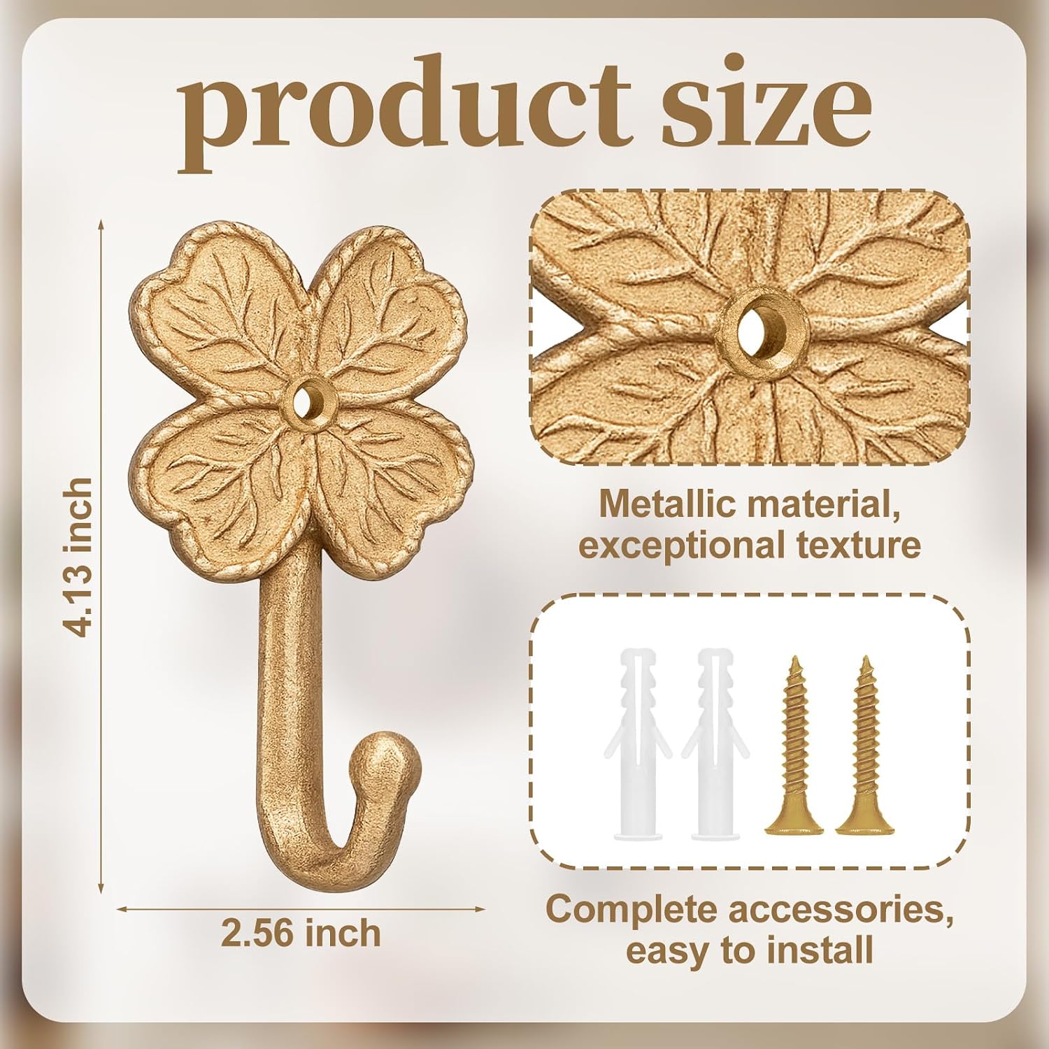 Hicarer 4 Pcs 4 Inch Gold Four-Leaf Clover Wall Hooks Antique Brass Cast Iron Coat Hooks Heavy Duty Vintage Decorative Hook for Entryway, Kitchen, Bathroom, Towel Hook, Key Holder