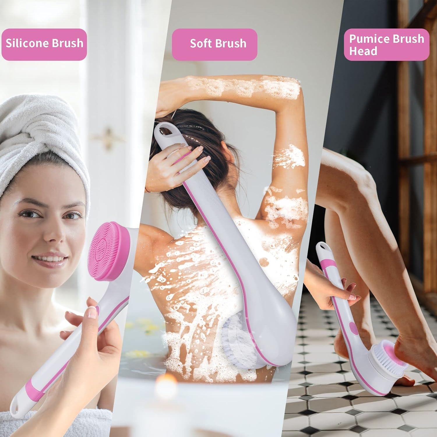 BEWEBEME Electric Body Brush - 3 in 1 Waterproof Long Handle Silicone Bath Brush for Exfoliating SPA Massage, 3 Replacement Brush Heads (Battery Excluded) : Beauty & Personal Care