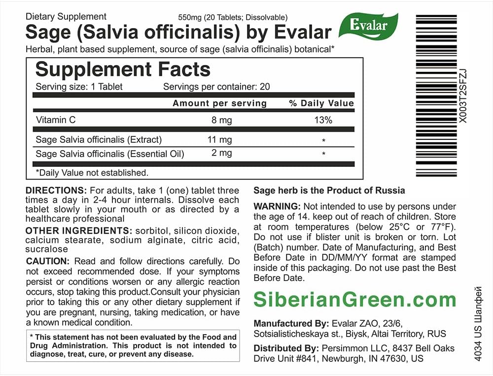 Evalar Sage Salvia officinalis Herb Dissolvable 20 Tabs - Image 2
