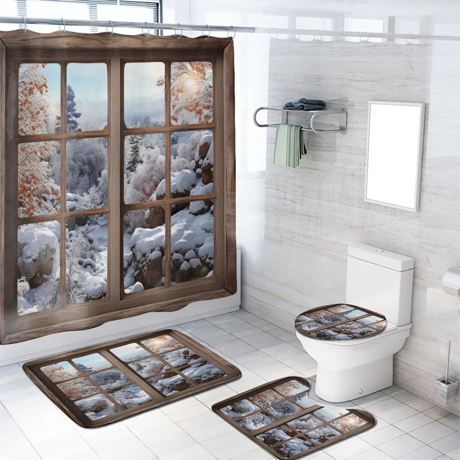 Landscape Shower Curtain Sets with Rugs 4 Piece Waterfall Forest Lake Tree Nature Scenery View Bath Curtain for Bathroom Waterproof Fabric Bathroom Decor Set, 72x72 Inch