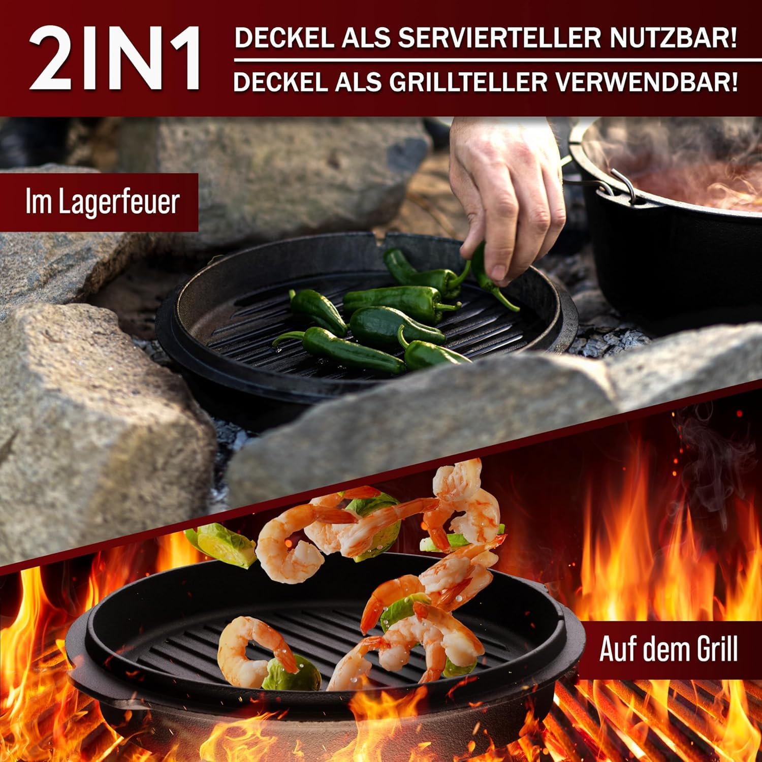 GUSSKÖNIG Essential Line Dutch Oven Set [für 3–6 Personen] – 5,5L Topf & 1,5L Deckel, eingebrannter Feuertopf mit Füßen, inkl. Deckelheber, Ringreiniger, Pflegepaste & Rezeptbuch – 30 Jahre Garantie
