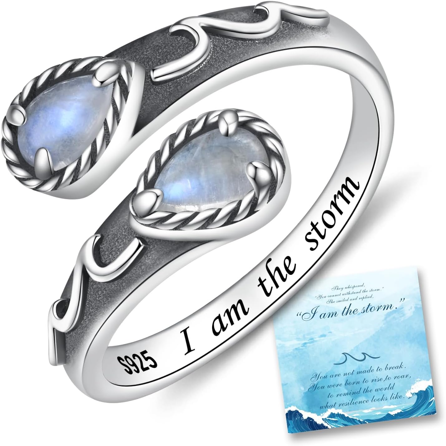 I Am the Storm Ring - Sterling Silver Adjustable Moonstone Ring Inspirational Jewelry Gift for Women