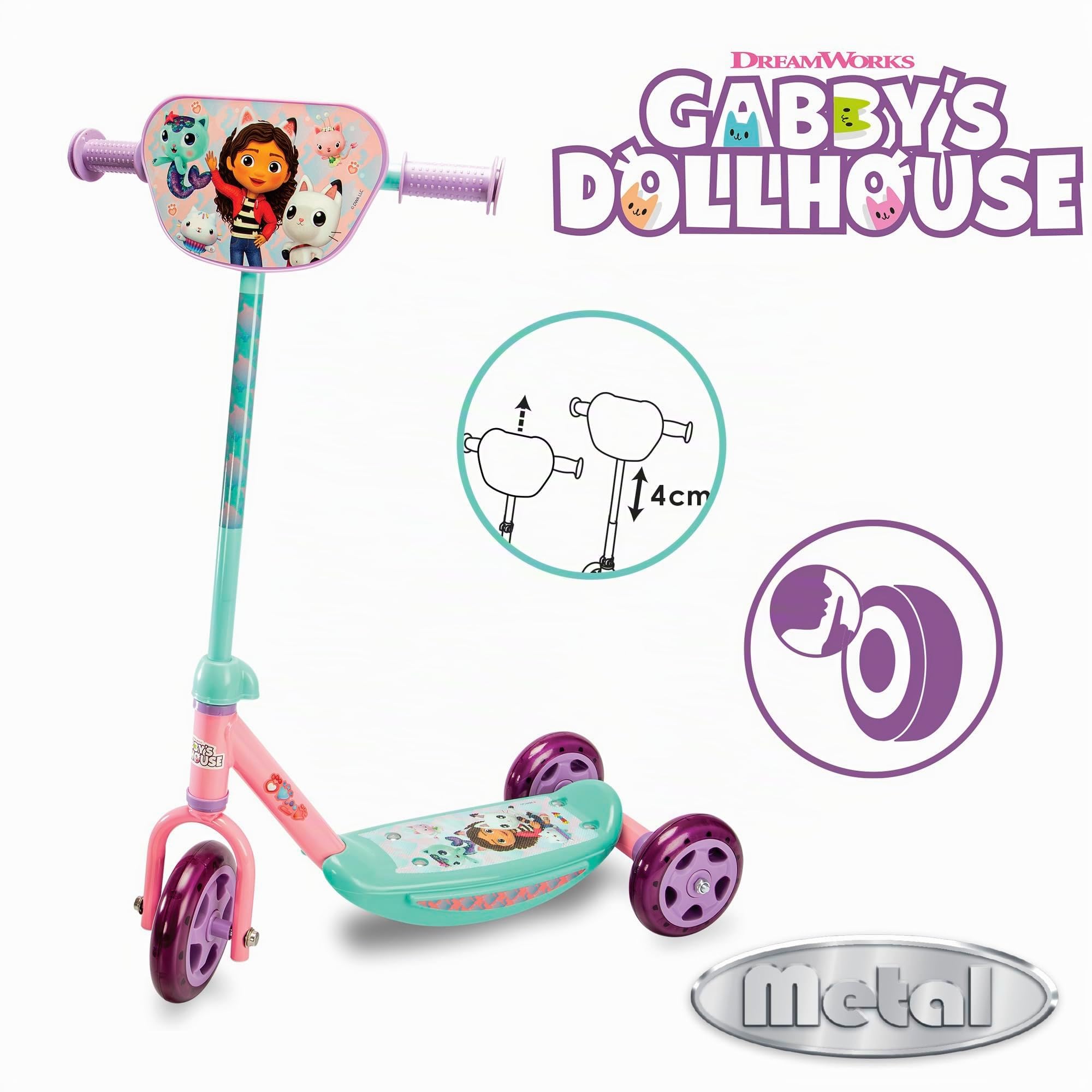 Smoby - Patinete Infantil Gabby's Dollhouse - 3 Ruedas - Manillar Ajustable en Altura - Superficie Antideslizante - Construcción Estable - Ligero y portátil - A Partir de 3 años