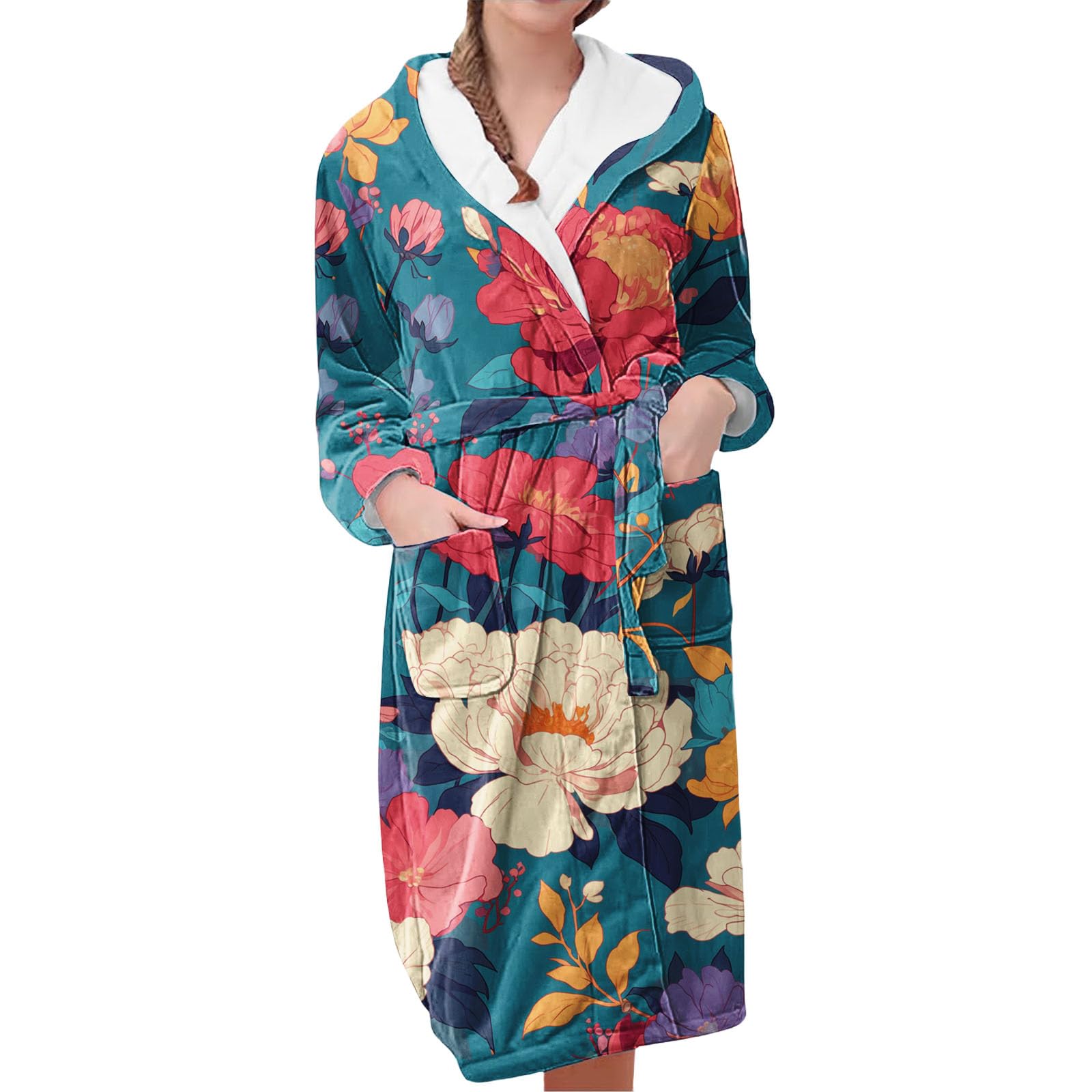 Générique Robe De Chambre Femme Chic Et Elegant 2025 Nouveau Bathrobe À Capuche Avec Poches Albornoz A Nouer Kimono D'Intérieur Pyjama De Nuit Douce Peignoir Peignoir De Bain Femme Imprimé Long