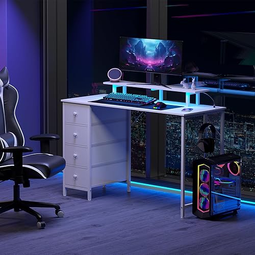 Miniatura 2 de HGD14WT - Escritorio blanco para computadora con luz LED y tomas de corriente, escritorio de juegos de 55 pulgadas con 4 cajones de tela, escritorio