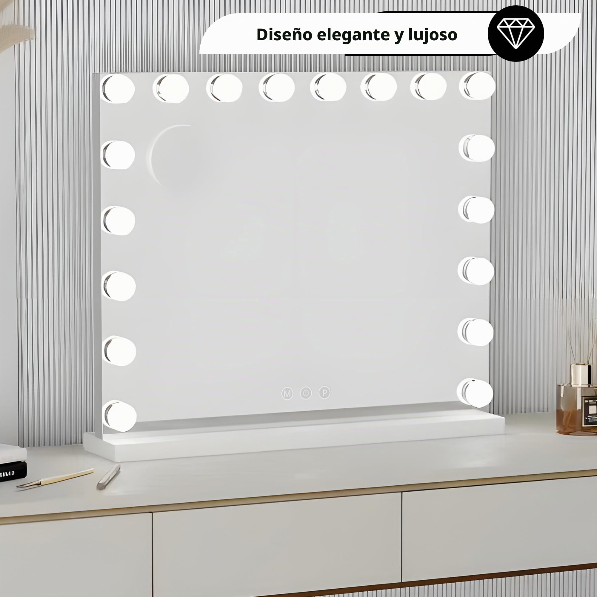 Bayt Hollywood Espejo - Espejo Maquillaje con luz - Espejo - Regulable - Aumento 10x - con iluminación y Bluetooth - 80x60 - (Blanco)