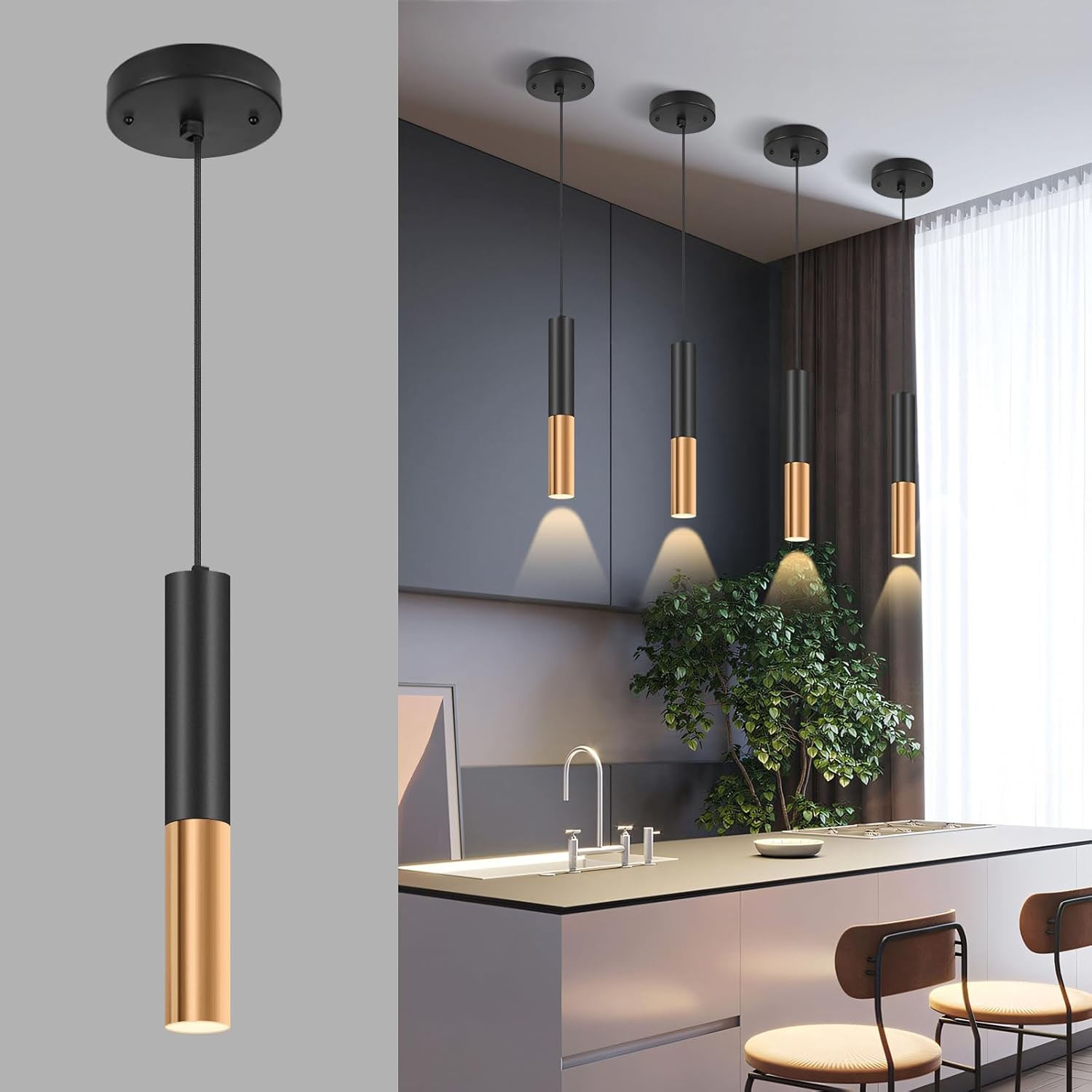 Modern Black and Gold Pendant Light Fixture for Kitchen Island, 1-Light Pendant Lighting with GU10 LED Bulb Ceiling Hanging Lights Cord Adjustable for Living Room Bedroom Dining Room