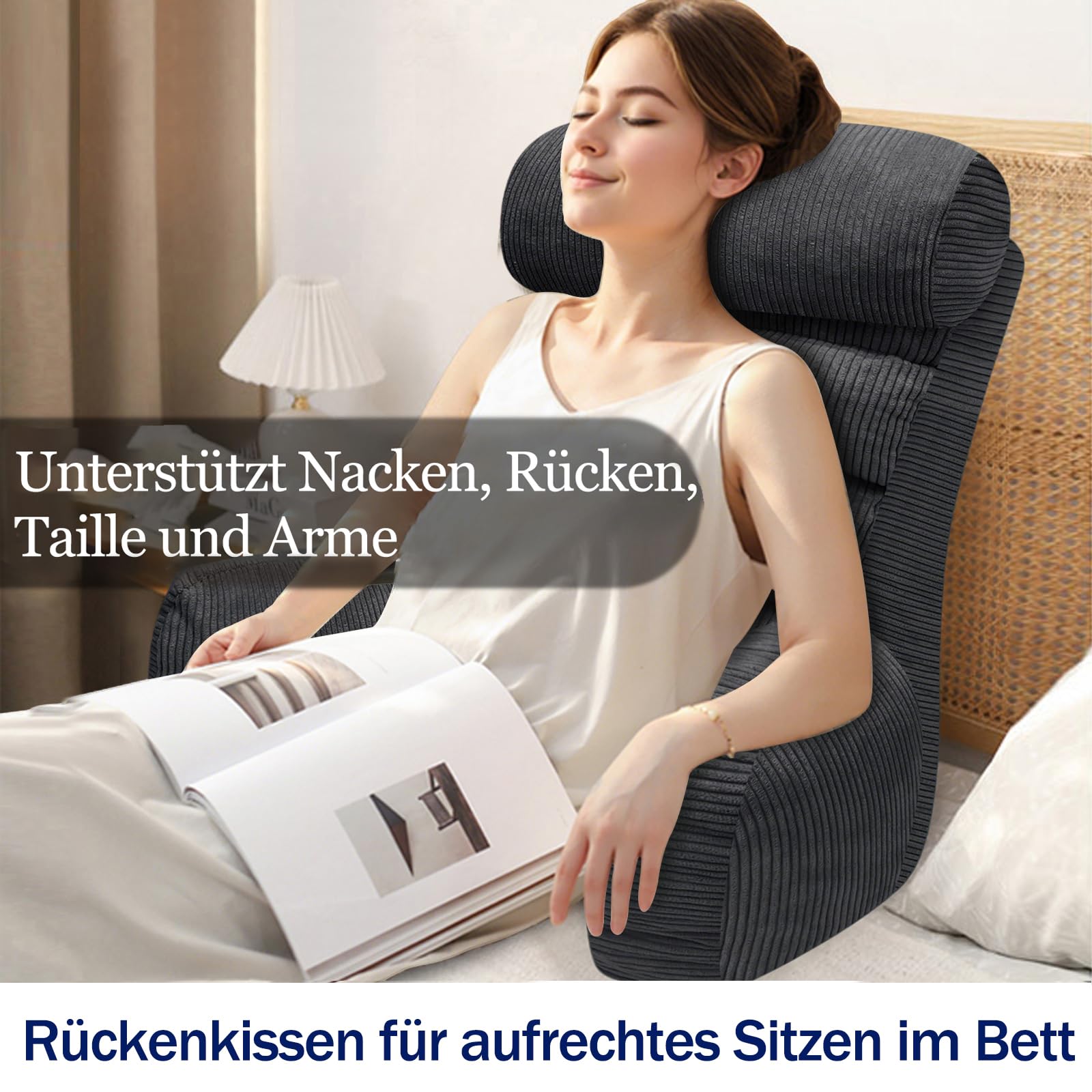 Lesekissen für Bett und Sofa，Rückenkissen für Bett，Lesekissen mit Rückenlehne für Erwachsene ，Bequem zum Sitzen, Lesen & Fernsehen in Boden oder Sofa（Charcoal，65 * 30cm）