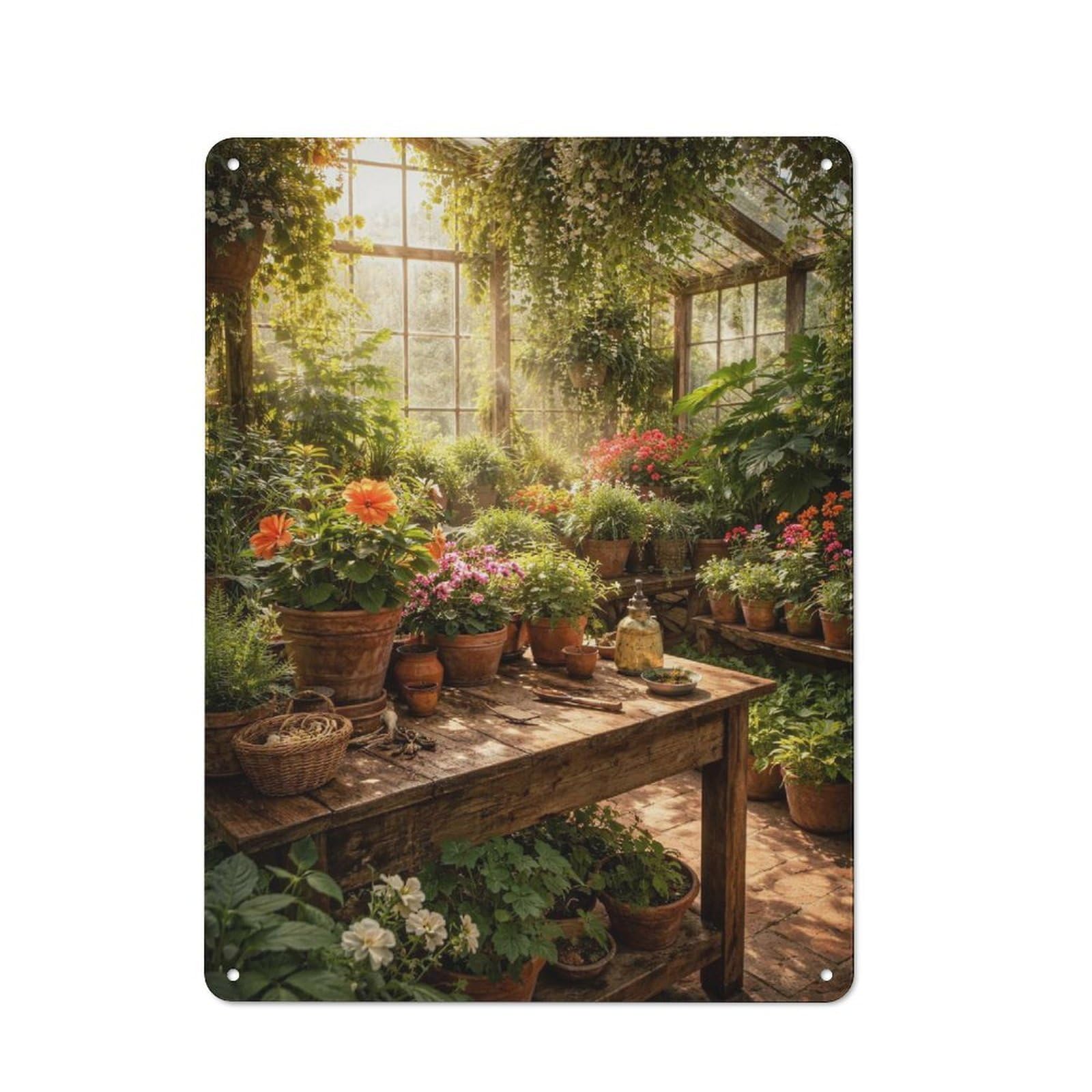 Sunlit Greenhouse with Blooming Flowers Metal Wall Plaque 40x30cm, Vintage Nostalgic Wall Art for Bedroom, Office, Home Bar Or Dining Room