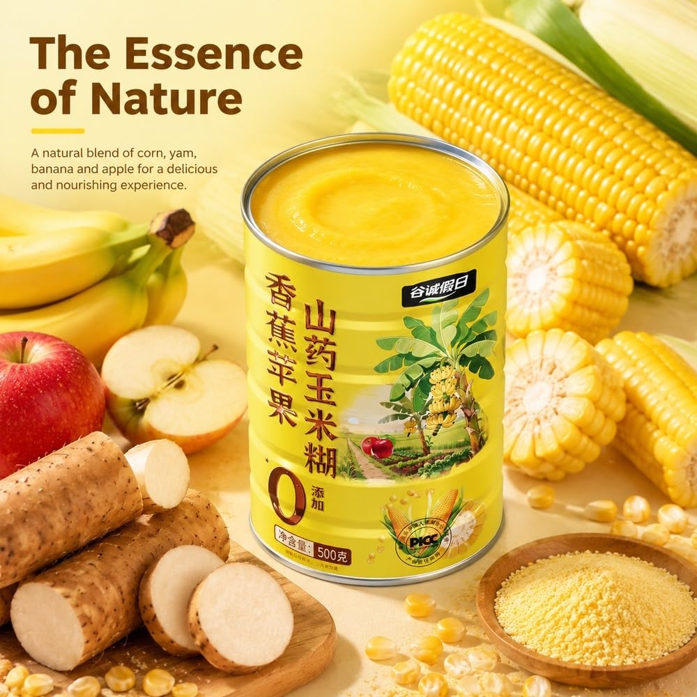 Polvere di mais istantanea con banane e mele, 500 g | Cereali caldi istantanei 30s con patate dolci, mais, banane, mele, pezzetti di vera frutta, 500 g.