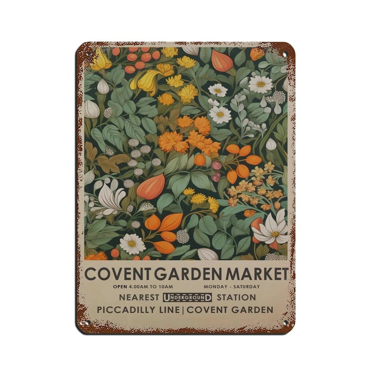 Covent Garden Flower Market, Orange Botanical Art Tin Sign Vintage Metal Pub Club Cafe Bar Home Wall Art Decoration Poster Retro 12x16inch(30x40cm)