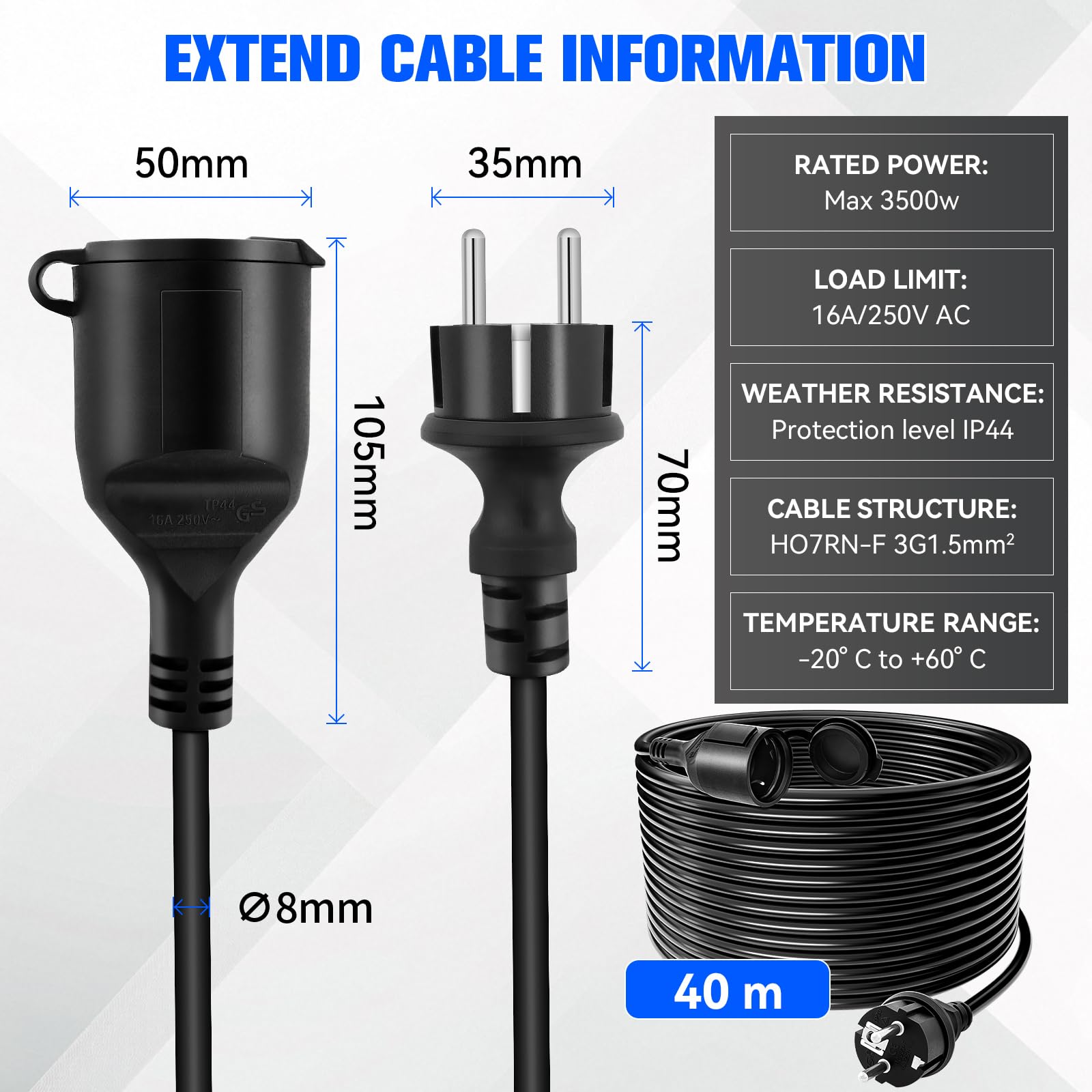 Rallonge Electrique Extérieure 40 m, Câble prolongateur 3G1,5 mm² IP44, 16A 250V avec Capuchon de Protection, Prise à Contact de Protection pour intérieur et extérieur