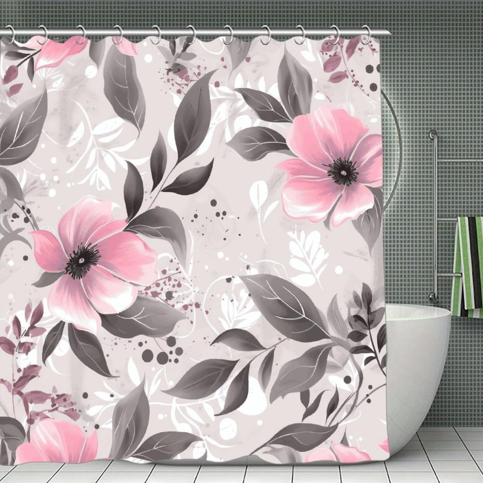 VstaDank Pink Flowers and Leaves on Gray Shower Curtain Light-Weight Blackout Bathroom Curtain Washable Shower Liner 71x71 Inch Bath Curtain with Metal Holes Bathtub Bath Room