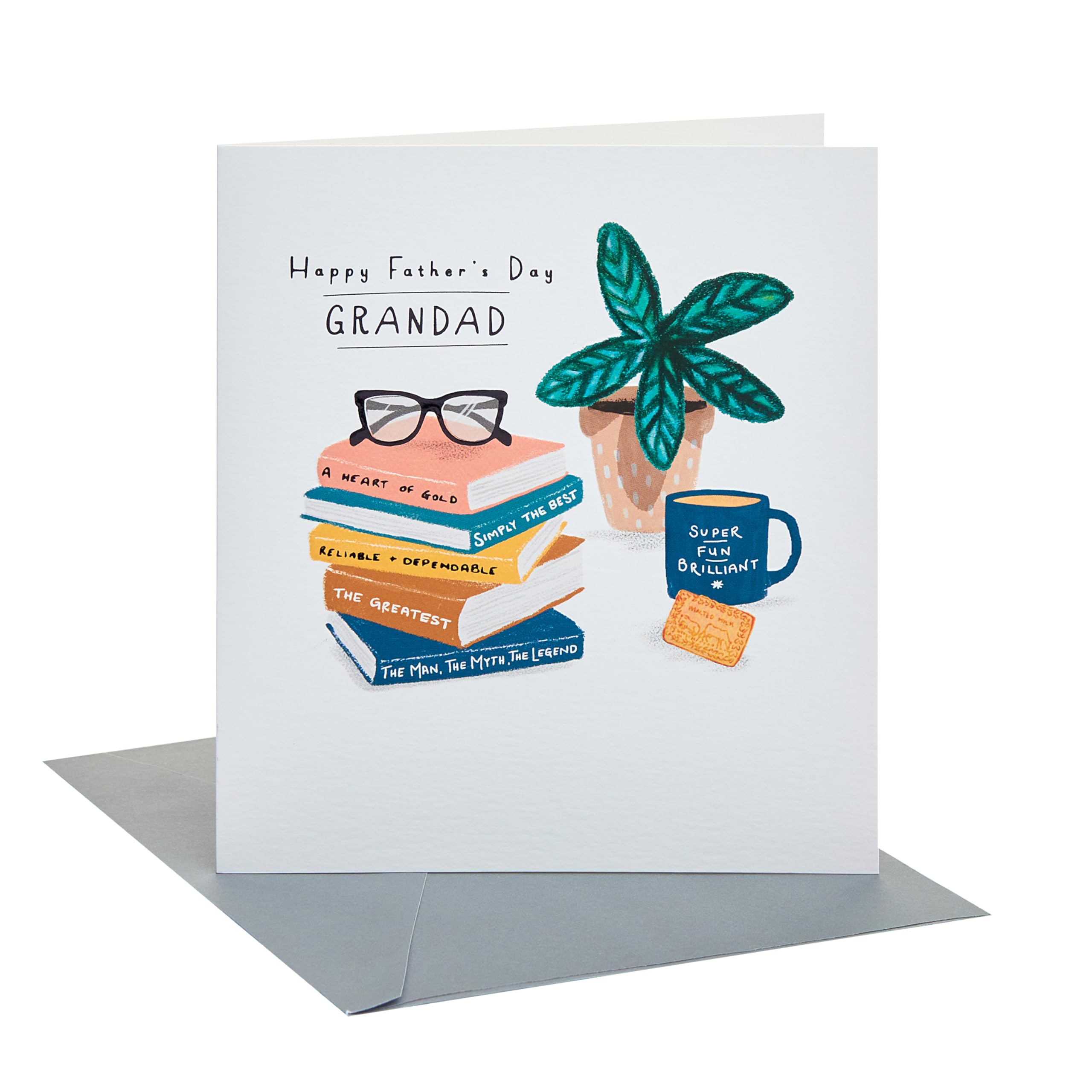 UK Greetings | Father's Day Card for Grandad | Card for Dad, Grandad, Husband | Him, Boys, Men | Stacks of Books & Mug of Coffee Design | With Envelope | 15.9 x 18.4 cm