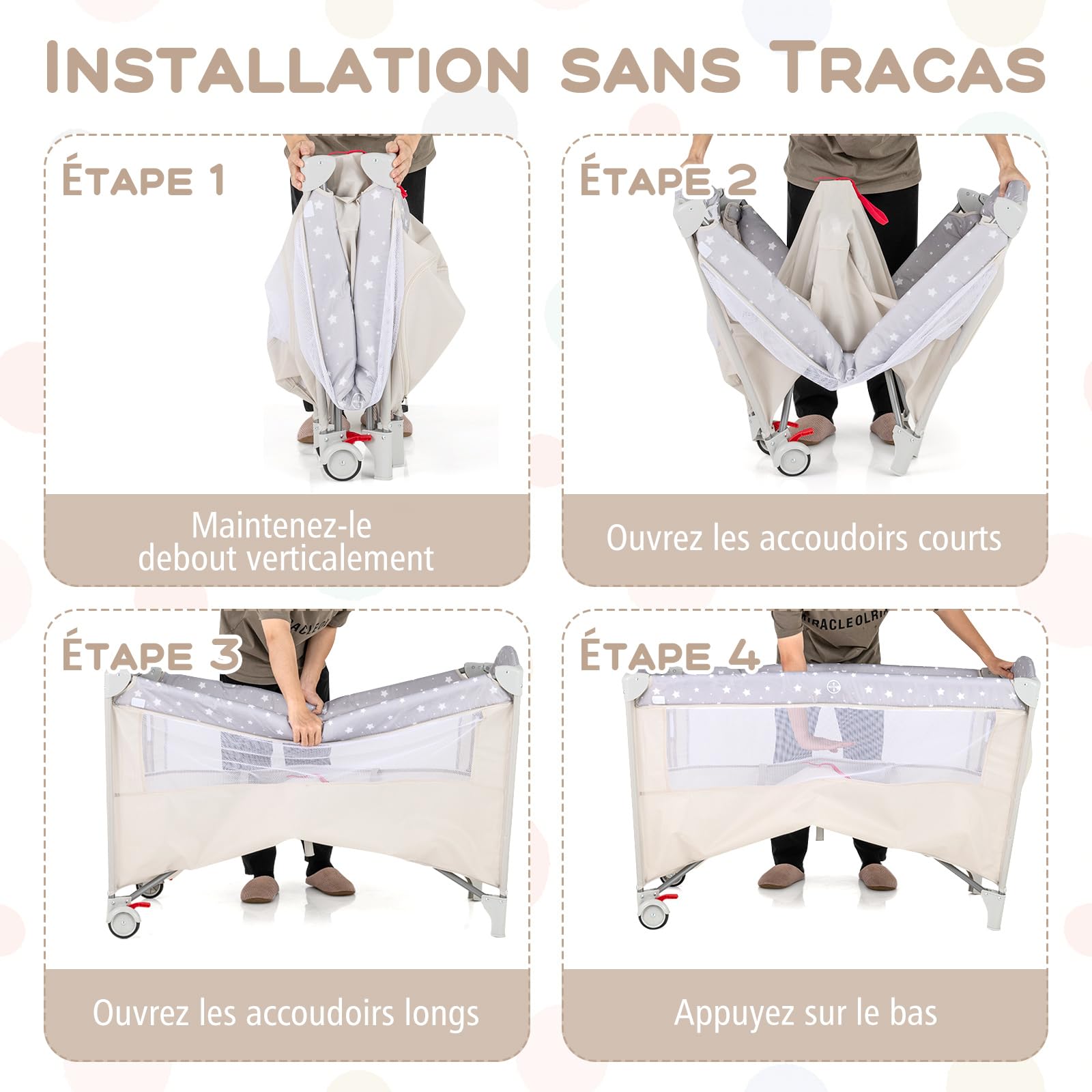 GOPLUS Lit Parapluie Bébé avec Matelas, 5 en 1 Berceau Bébé Evolutif avec Table à Langer, Jouets, Roues Verrouillables, Lit de Voyage avec Sac de Transport pour 0-3 Ans, Charge 15KG (Beige)