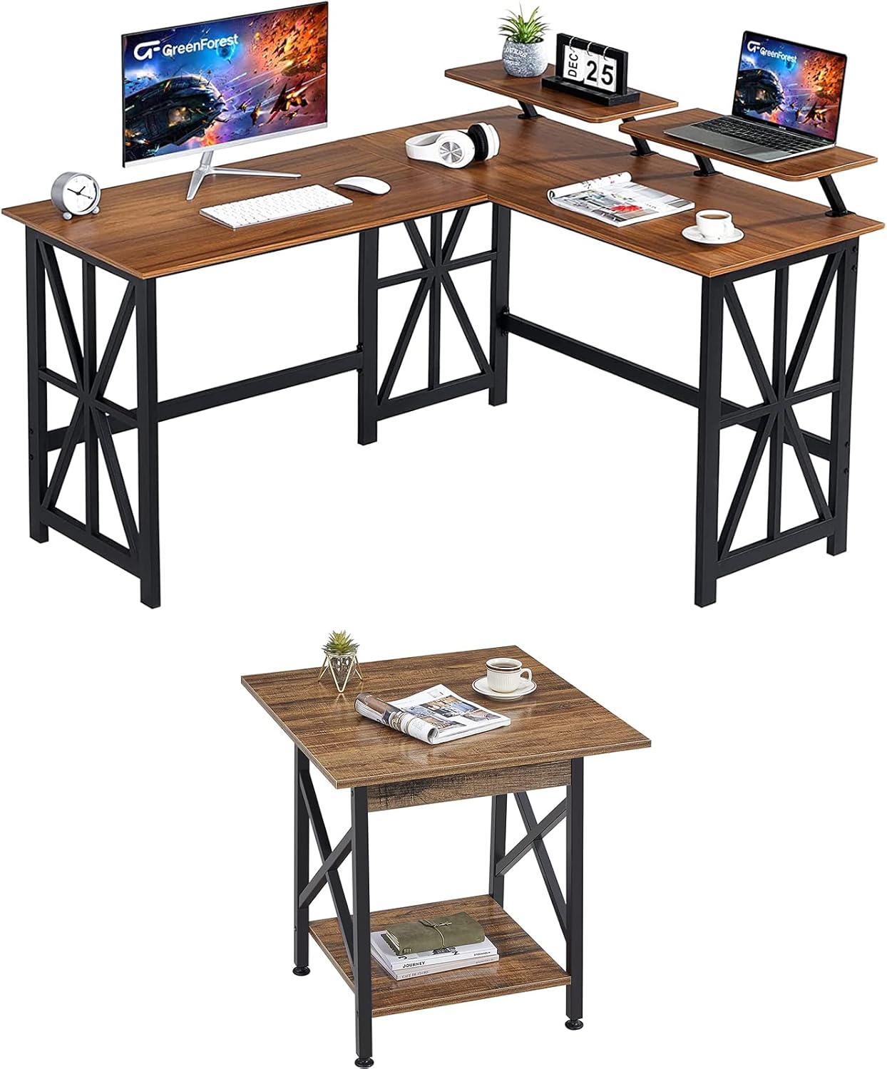 GreenForest L Shaped Desk with 2 Monitor Stand, 63.8 inch