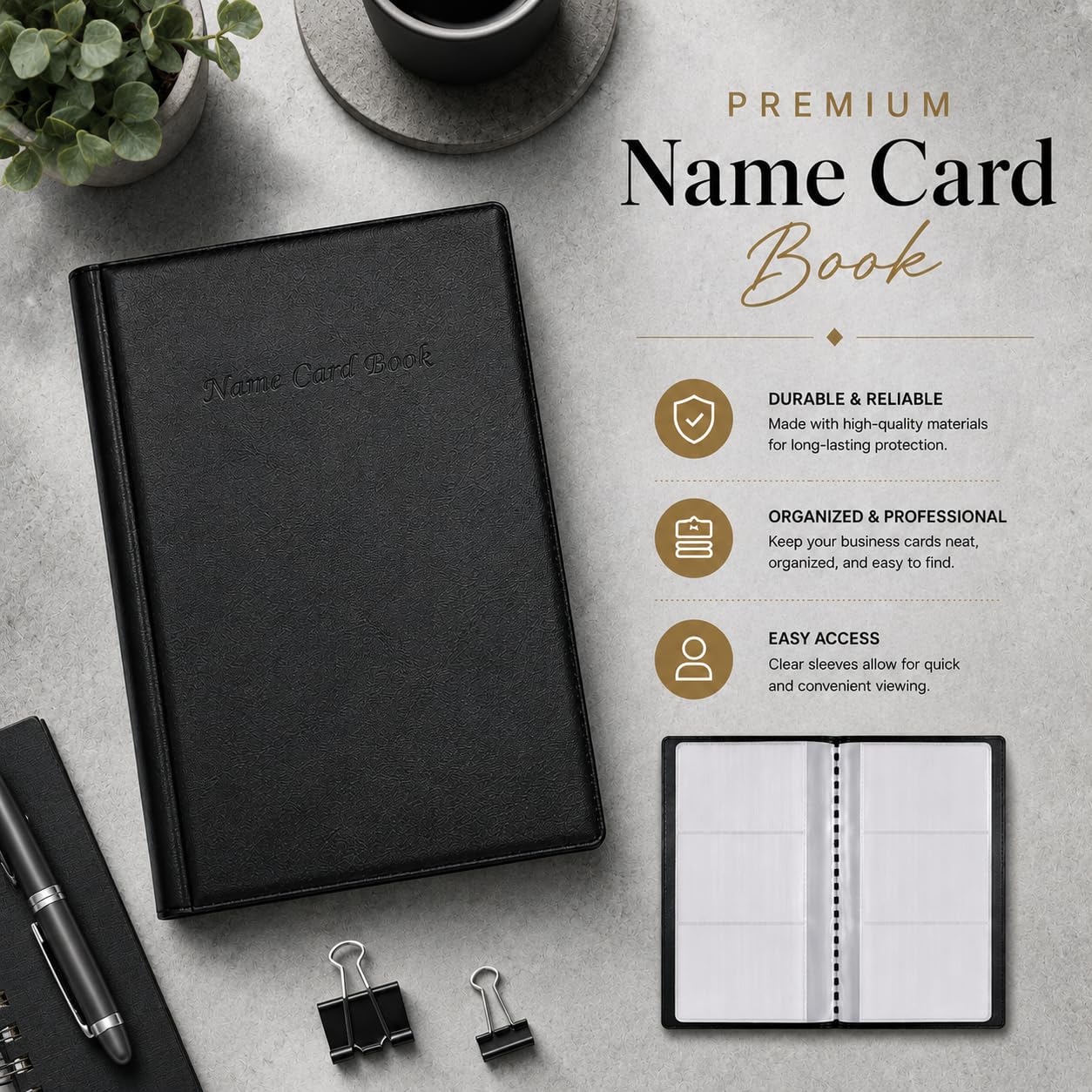 Organizador Profesional de Tarjetas de Visita, Tarjetero, Tarjetero con Cubierta Negra, Capacidad para 300 Tarjetas de Visita