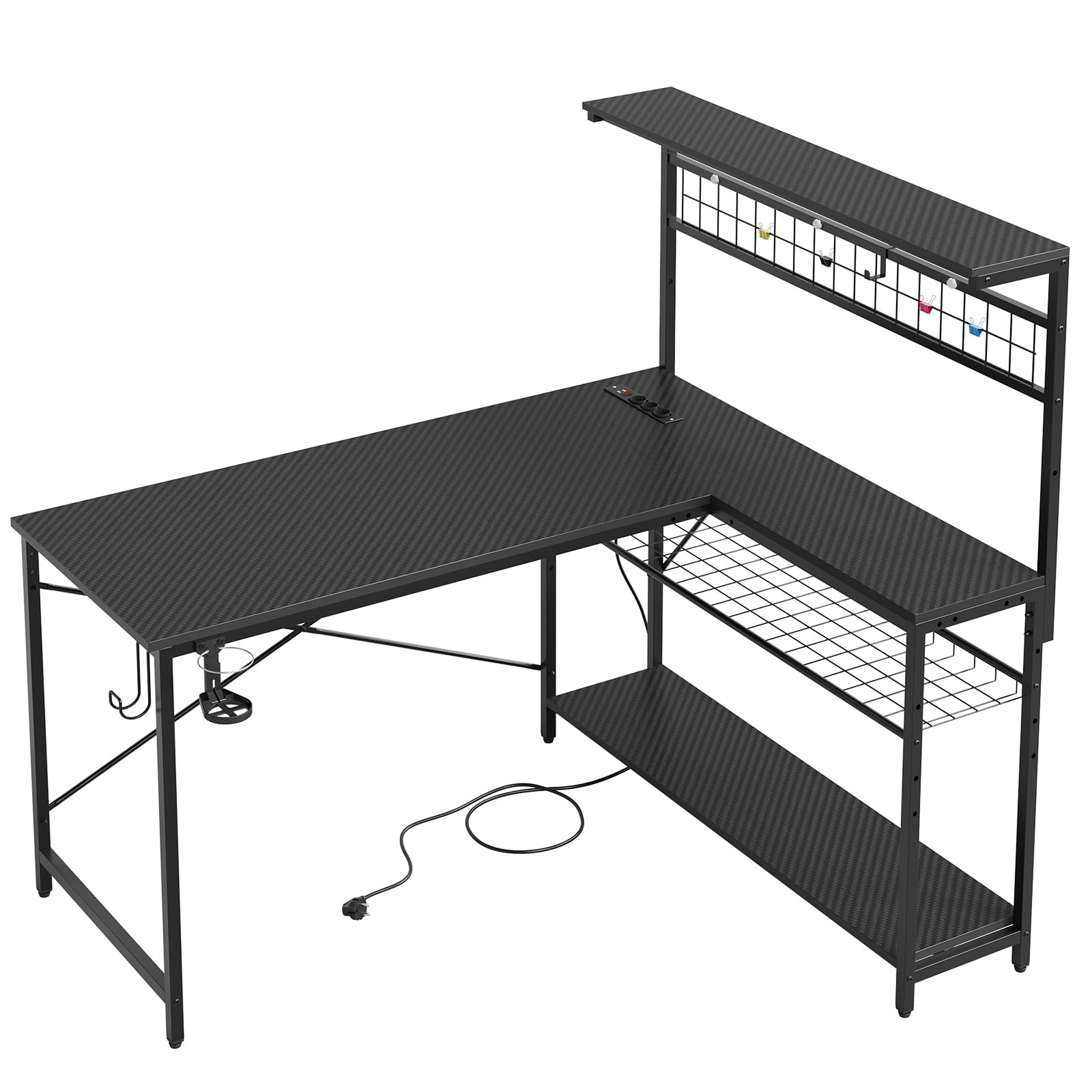 Bestier Gaming Desk 130 cm L förmig Reversibler Eckschreibtisch mit Steckdosen LED-Lichtern 4 Regalböden Haken & Becherhalter Ideal für Home Office und Gaming