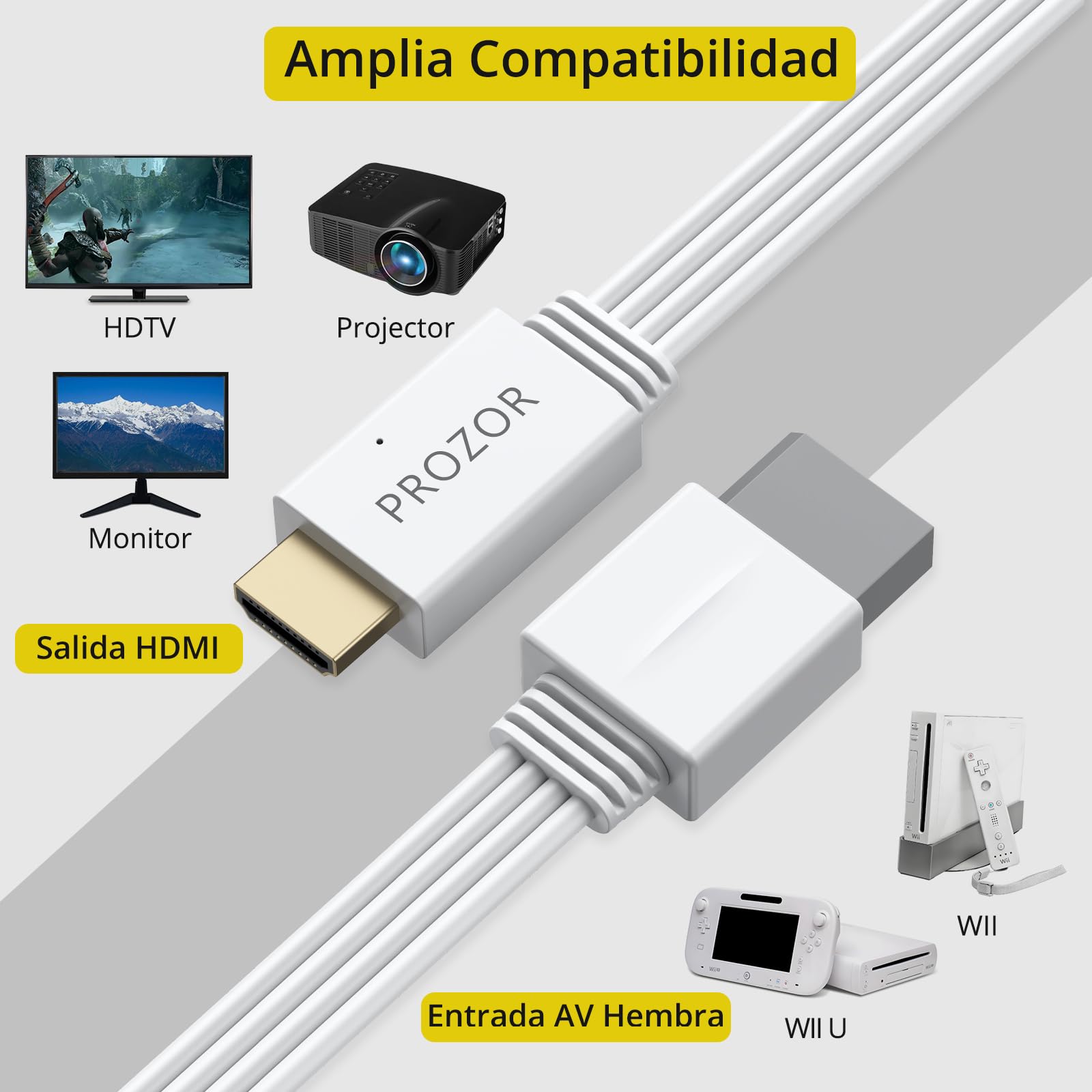 PROZOR Adaptador Wii a HDMI 1080P con Cable Integrado 2M Convertidor Wii HDMI Plug and Play Compatible con Nintendo Wii/Wii U Soporte 720P/1080P Conexión Directa a TV Monitor o Proyector | Compatible con Wii y Wii U Conversor de Vídeo y Audio Digital Cabl