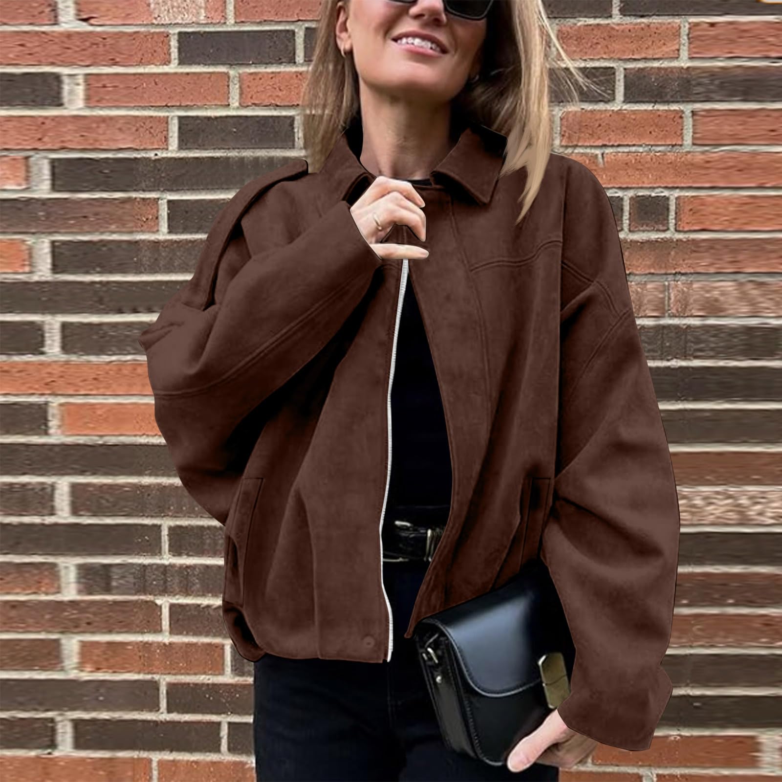 Generisch Bomberjacke Damen Langarm Wildlederjacke Damen Kurz Pilotenjacke Einfarbig Oversize Übergangsjacke Winter Oversize Hemdjacke Kurze Blouson Jacke Fledermausärmel Herbstjacke Einfarbig