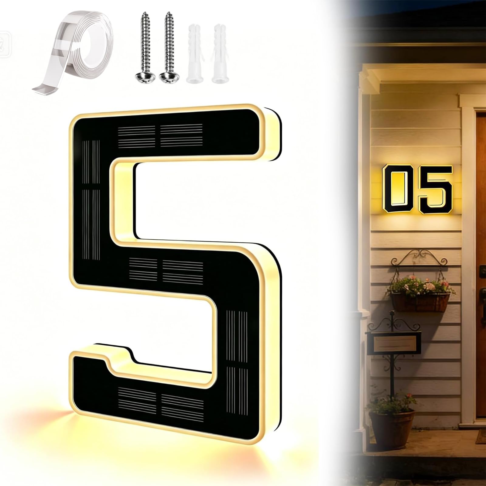 Solar Lighted House Numbers for Outside, Large 9 Inch Waterproof LED Address Numbers Signs, Modern Solar Powered Illuminated House Number Plaque for Exterior Night Visibility (5)