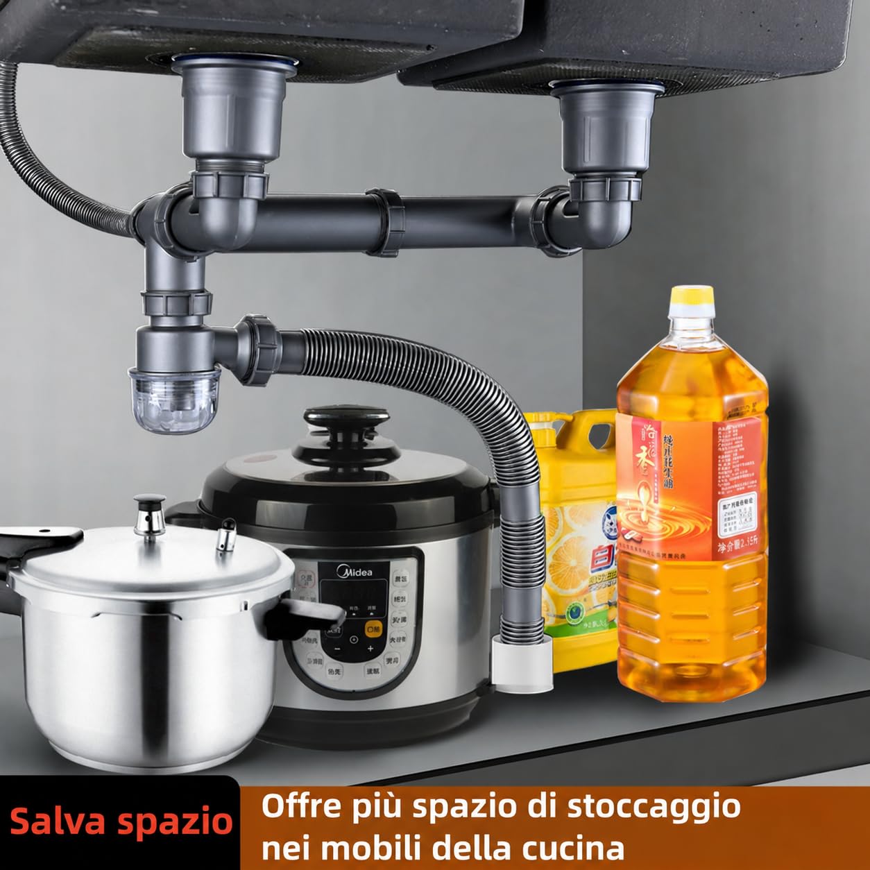 Set di scarico per doppio lavello - Set di scarico per lavello da cucina salvaspazio - Sifone flessibile estensibile 114mm - Set di montaggio per scarico lavello con adattatore di