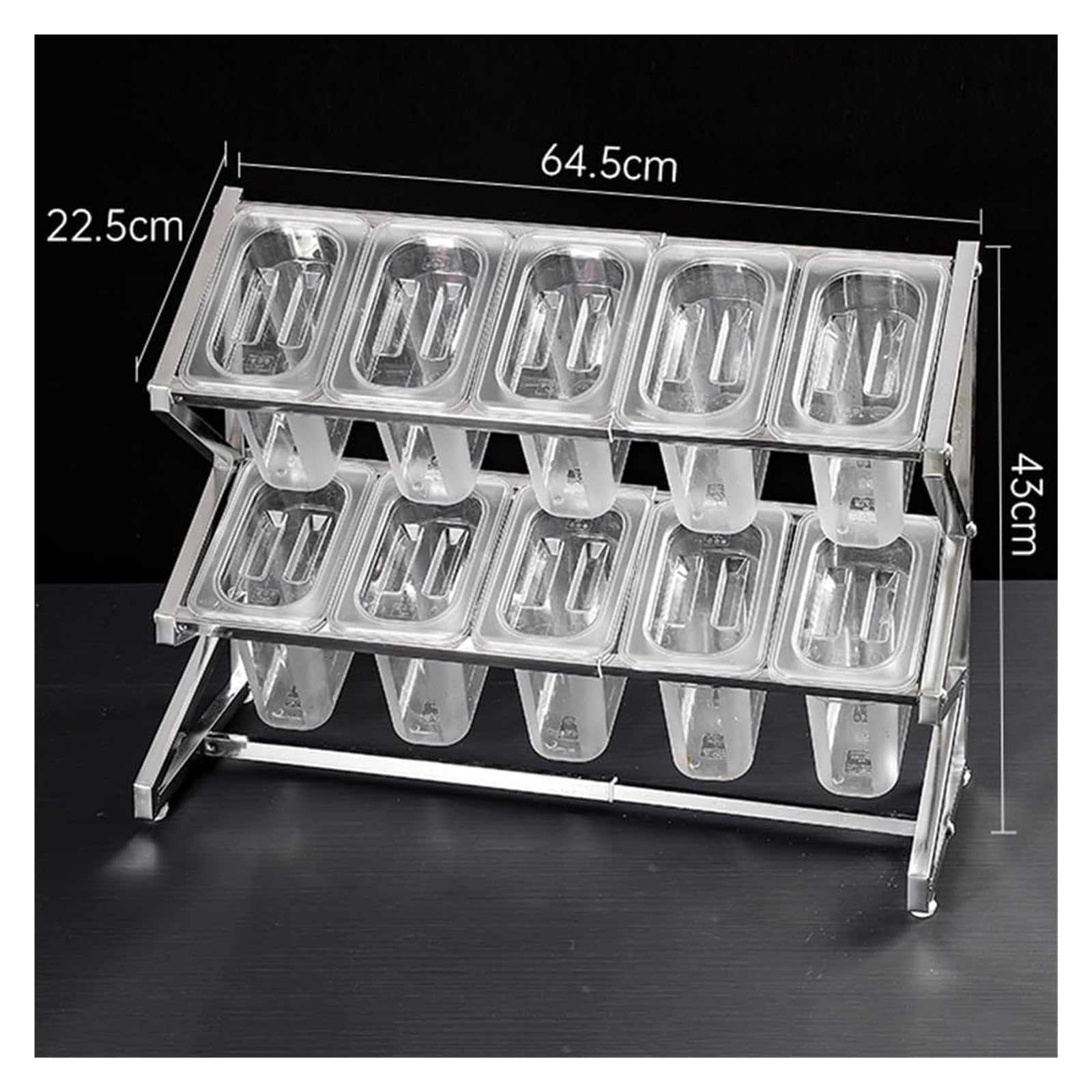 Stacja do polewania pizzy, puszki na przyprawy, 2-rzędowy przezroczysty stojący organizer na blat do przechowywania przypraw z zestawem pokrywek łyżek (srebrny) 60 x 20 x 40 cm