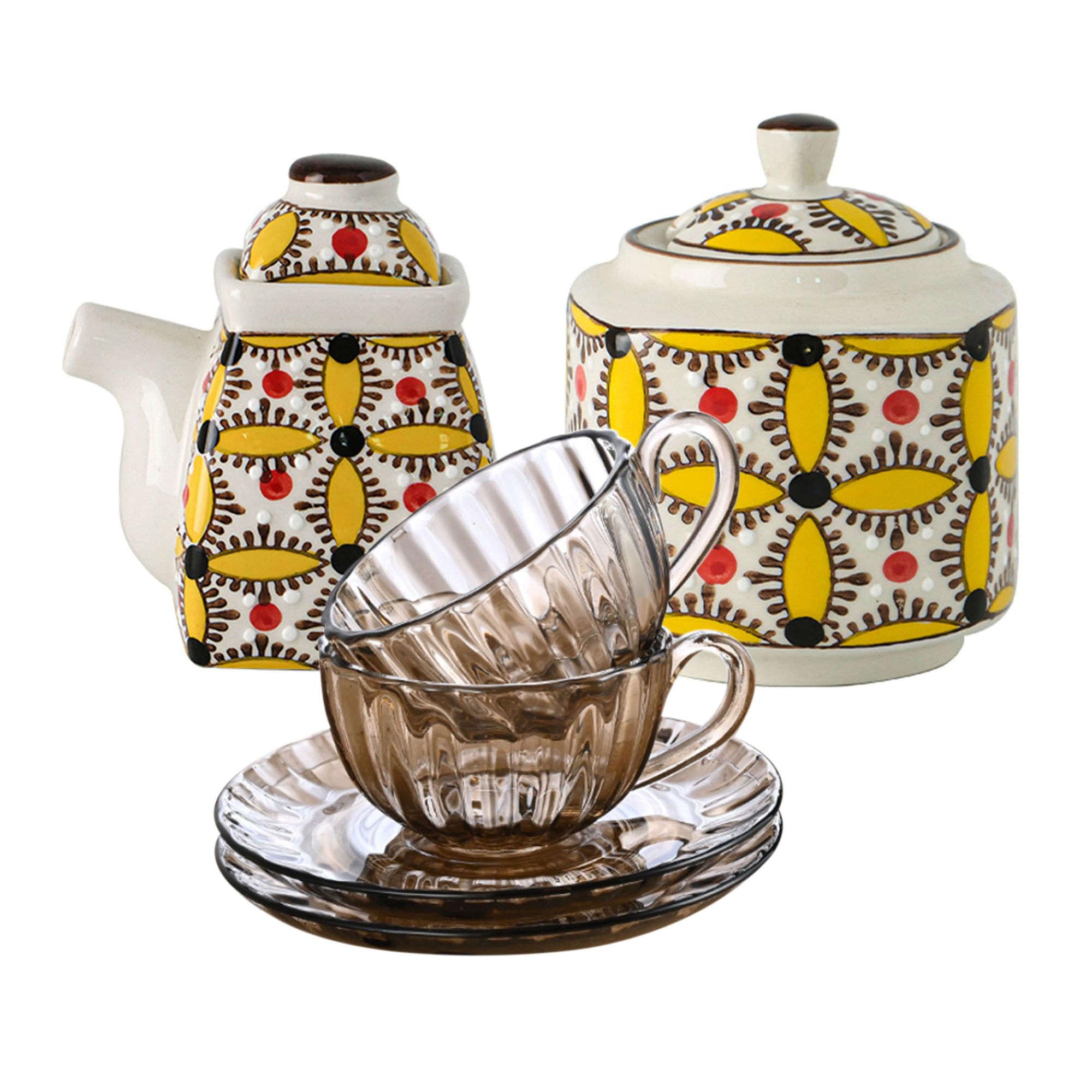 Cukiernica, pojemniki na przyprawy, ceramiczna mlecznik i zestawy do cukru, śmietanka i cukiernica, dzbanek na śmietankę, dzbanek na cukier, zestaw do serwowania kawy-żółty-zestaw do podwieczorku (Co