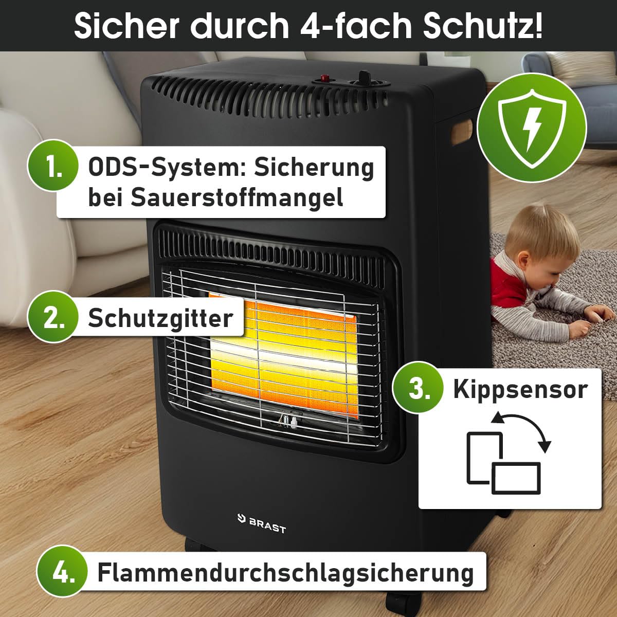 BRAST Gasheizer Keramik Vulkan 4200W | 3 Heizstufen | inkl. Schutzhülle Druckminderer mit Schlauch & Füllstandsanzeige | klappbar & mobil | für Gasflaschen bis 15kg | Gasheizung Heizstrahler Heizgerät