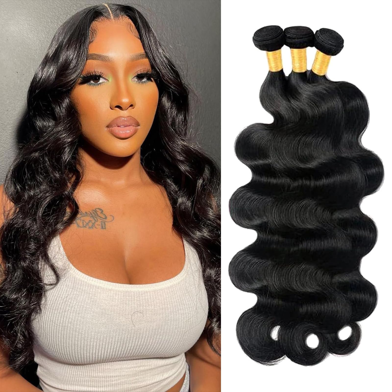 Human Hair Bundles Body Wave Bundles 100% Unprocessed Brazilian Virgin Hair 3 Bundles Body Wave Hair Extensions for Black Women Natural Color 16 18 20 inch