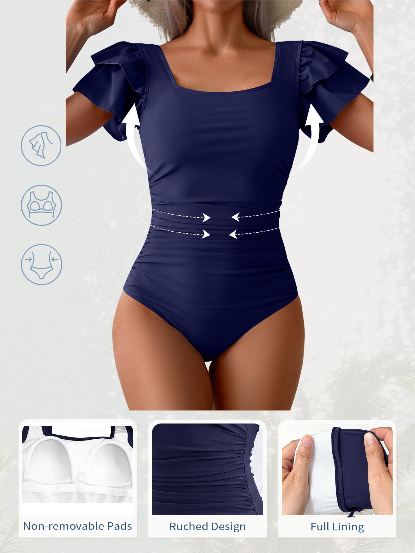 Eomenie Women's Tummy Control One Piece Swimsuit Ruffle Square Neck Bathing Suit Ruched Cutout Back Slimming Swimwear | Quadratischer Ausschnitt, gerüscht, schlank, bescheiden, Rückenausschnitt, nicht abnehmbare Polsterung