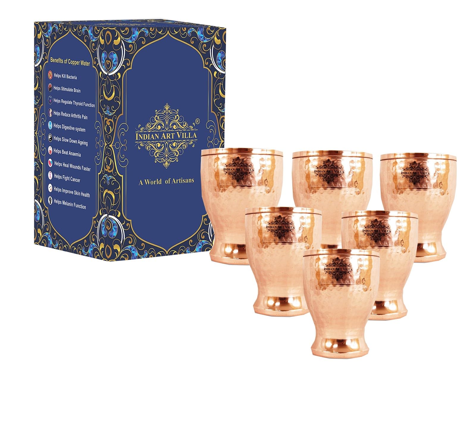 Indian Art Villa Copper Hammered Tumbler Set of 6 with Wide Mouth 12 Oz Each Pure Copper Handcrafted