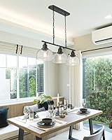 Vista 3 de EAPUDUN 3-Light Kitchen Island Light, 35.4" Farmhouse Chandelier for Dining Room Pool Table Pendant Light, Black Finish with Seeded Bubble Glass