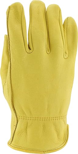 Miniatura 7 de West Chester 85040 Guantes de cuero de ciervo de grano para conductor, dorados, guantes de trabajo pequeños con muñeca elástica fruncida, pulgar