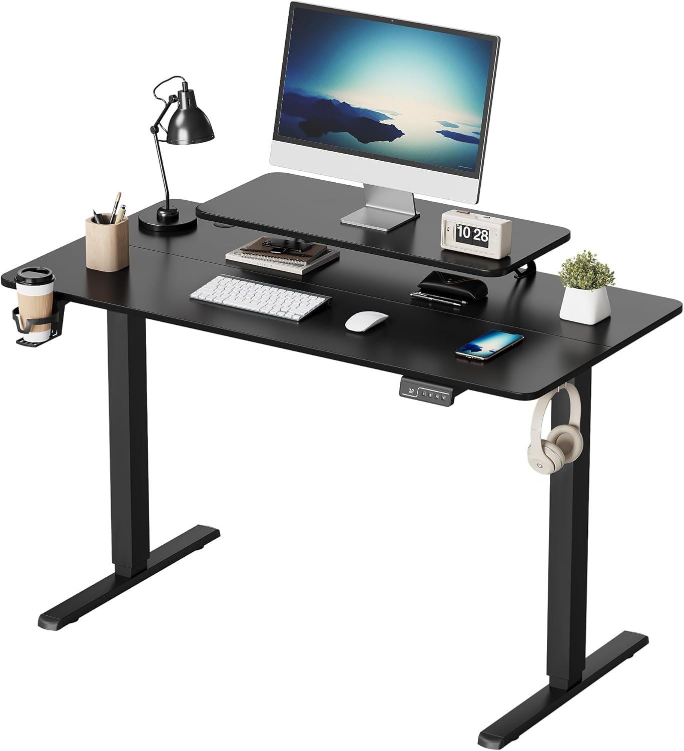Furmax Electric Standing Desk with Monitor and Laptop Workstation, 47x 24 Inches Height Adjustable Sit Stand Up Desk, Computer Workstation with Cup Holder and Hook, Cables Holes, Carbon Black