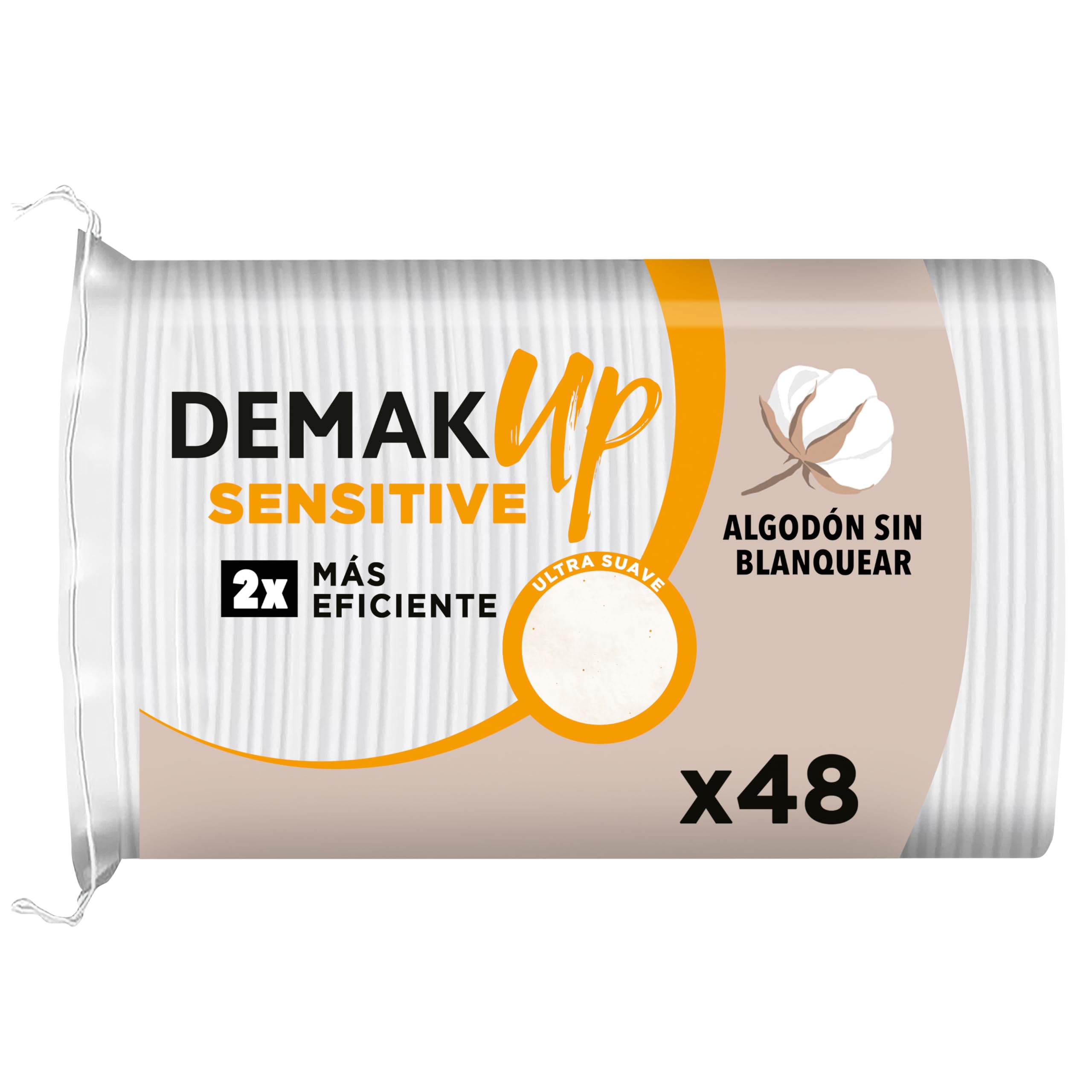 Demak'Up Sensitive x48 - Discos Desmaquillantes Ultra Suaves para Pieles Sensibles - Cara y Ojos - Fibra de Algodón 100% Natural - Paquete con 48 Discos