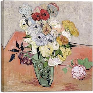 Wieco Art Japanese Vase with Roses and Anemones by Vincent Van Gogh Oil Paintings Reproduction Canvas Prints Artwork Flowers Pictures on Canvas Wall Art for Home and office Decorations