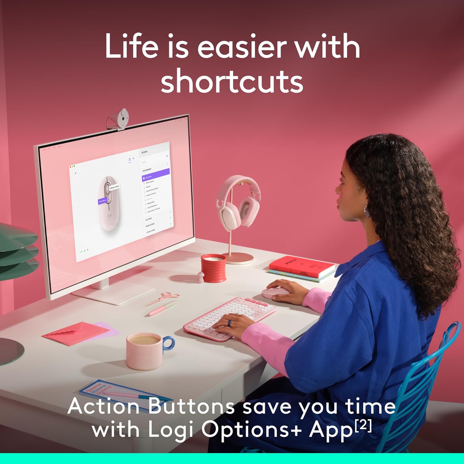 Person using Logitech POP Mouse with computer showing customization options