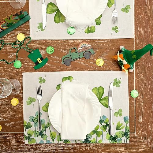Miniatura 6 de ARKENY Juego de 4 manteles individuales del Día de San Patricio de 12 x 18 pulgadas, diseño de trébol verde, primavera, granja, arpillera, interior,