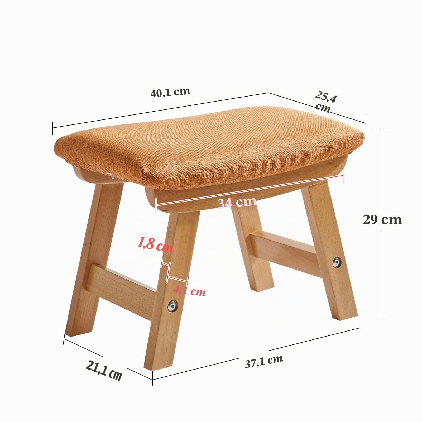 Aibiju Reposapiés Pequeño, Taburete Otomana, Taburete de Sofá de Madera, Adecuado para Dormitorio, Sofá, Sala de Estar,(Pierna Natural + cojín Naranja), YDEU-1356