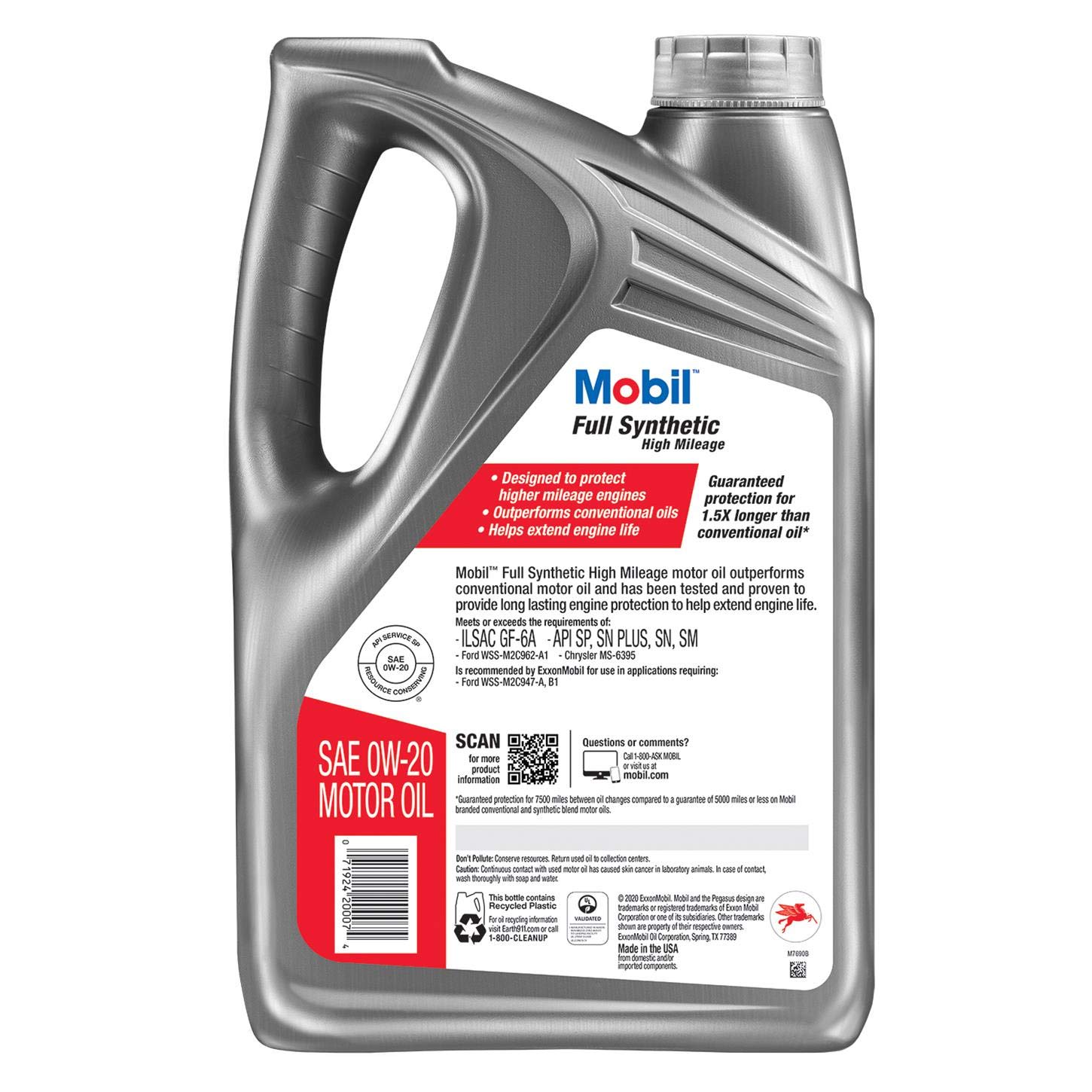 Mobil Full Synthetic High Mileage Motor Oil 0W-20, 5 Quart