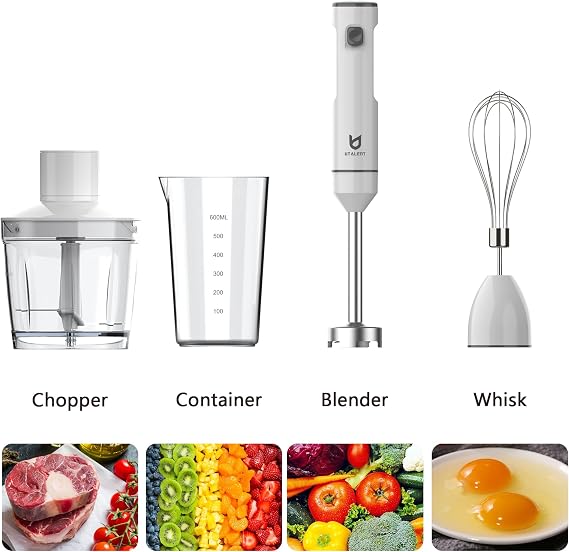 Cordless Hand Blender, UTALENT Variable Speed Immersion Blender Rechargeable, with 500ml Chopper, 600ml container, Egg Whisk, for Smoothies, Baby Food and Soups White