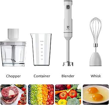 Cordless Hand Blender, UTALENT Variable Speed Immersion Blender Rechargeable, with 500ml Chopper, 600ml container, Egg Whisk, for Smoothies, Baby Food and Soups White