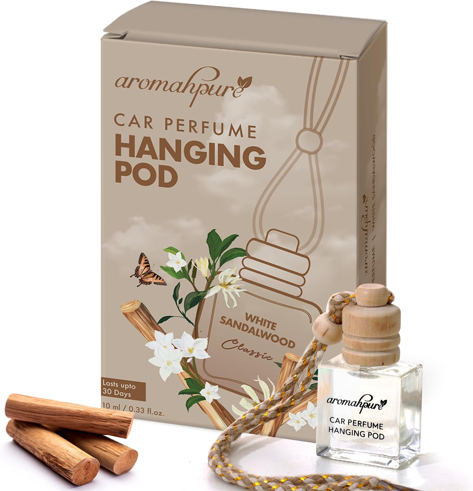 - Aromahpure Premium Car Perfume Hanging Pod |10 ML |Sandalwood Fragrance Car Air Freshener |Natural Fragrance Oils in Glass Bottle with Wooden Diffuser Lid |Last upto 30 Days, IFRA certified