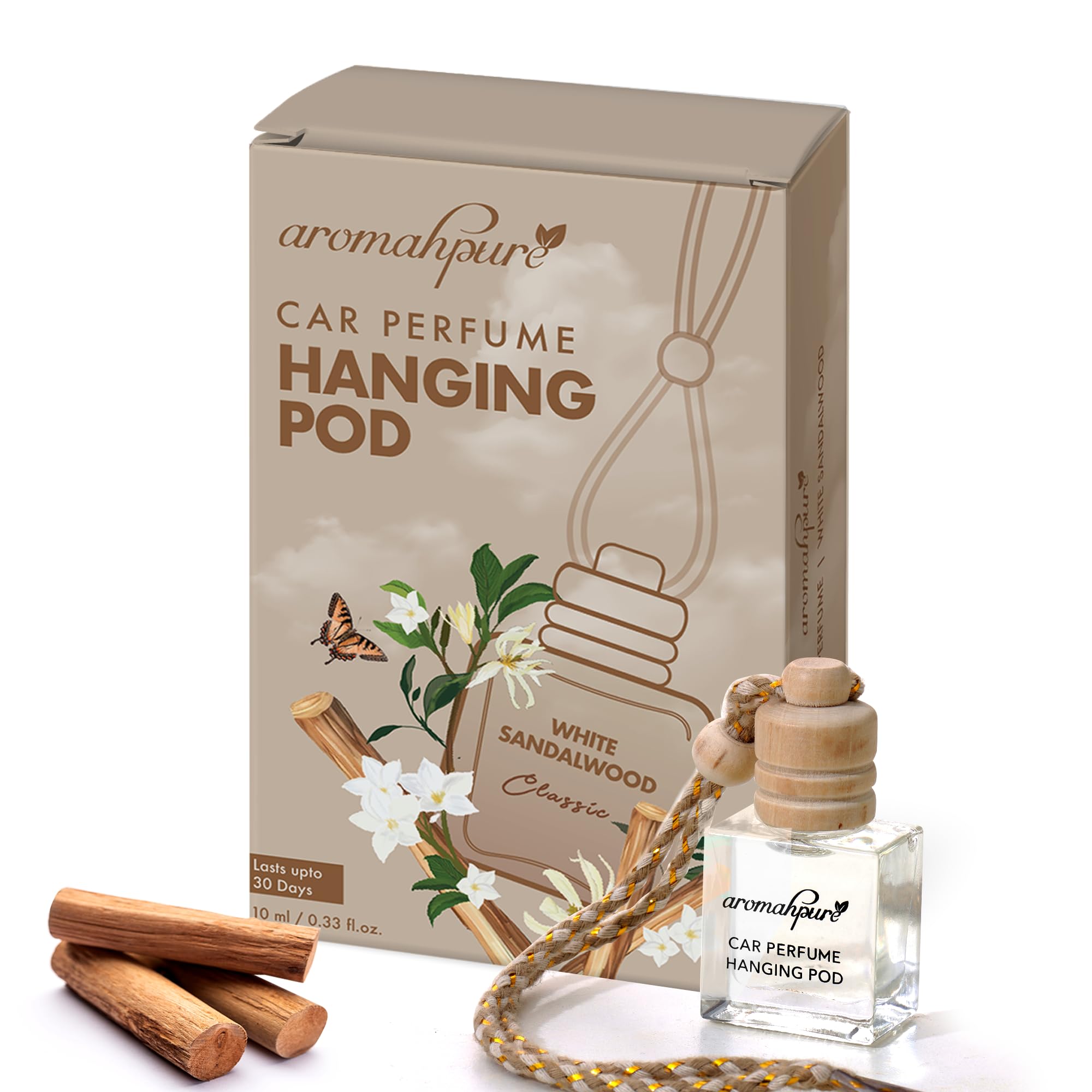 Aromahpure Premium Car Perfume Hanging Pod |10 ML |Sandalwood Fragrance Car Air Freshener |Natural Fragrance Oils in Glass Bottle with Wooden Diffuser Lid |Last upto 30 Days, IFRA certified