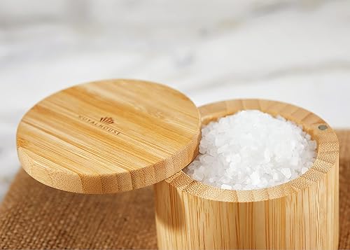 Miniatura 7 de RoyalHouse Soporte de sal y pimienta de bambú natural con tapa de bambú, bodega de sal con tapa giratoria magnética, caja de almacenamiento