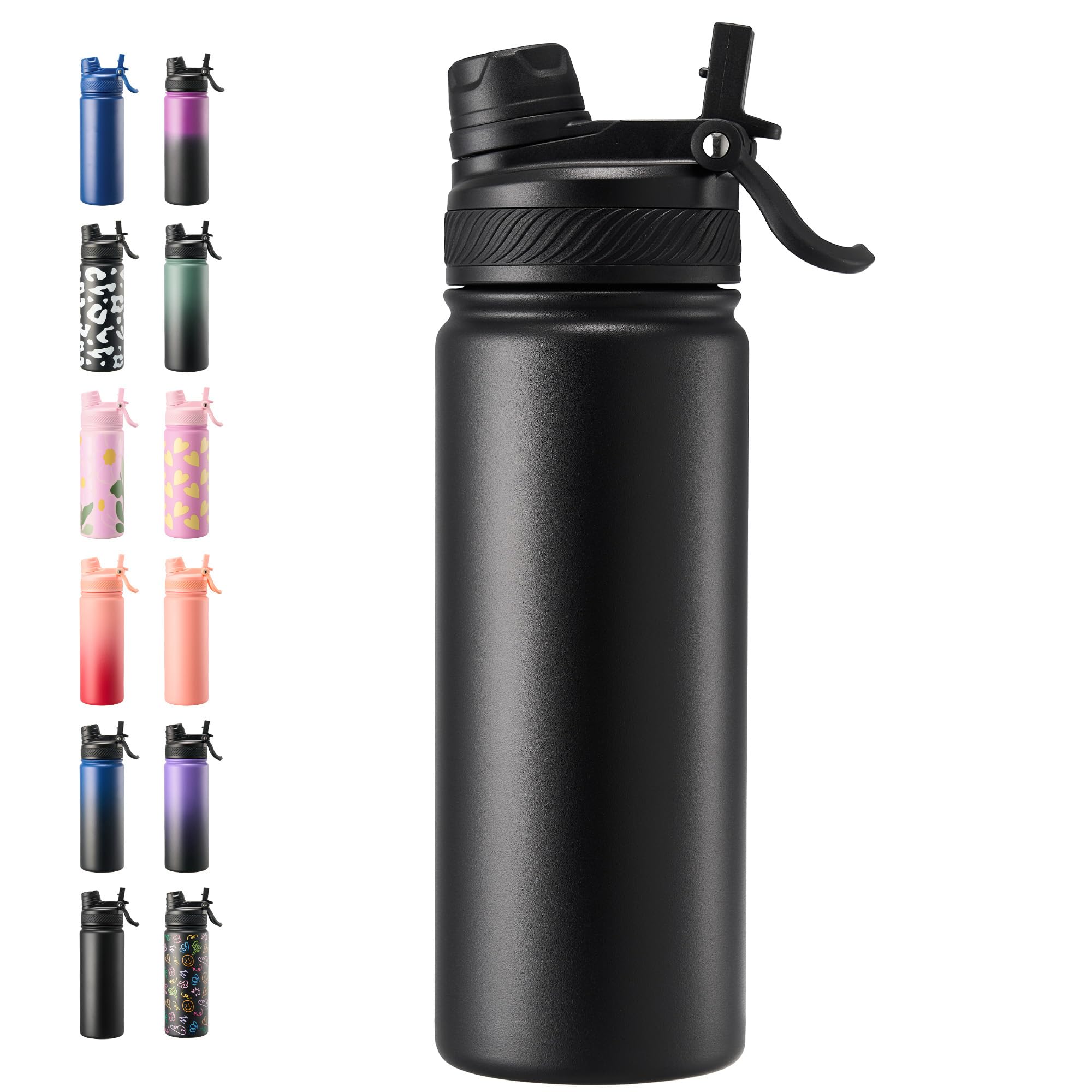 Fijinhom 18 oz Insulated Water Bottle, 2-in-1 Straw and Spout Lid Stainless Steel Thermos, Leak-Proof, Double Wall Vacuum Flask, Keep Cold 24H for Outdoor, Sports, Travel, School (Black)